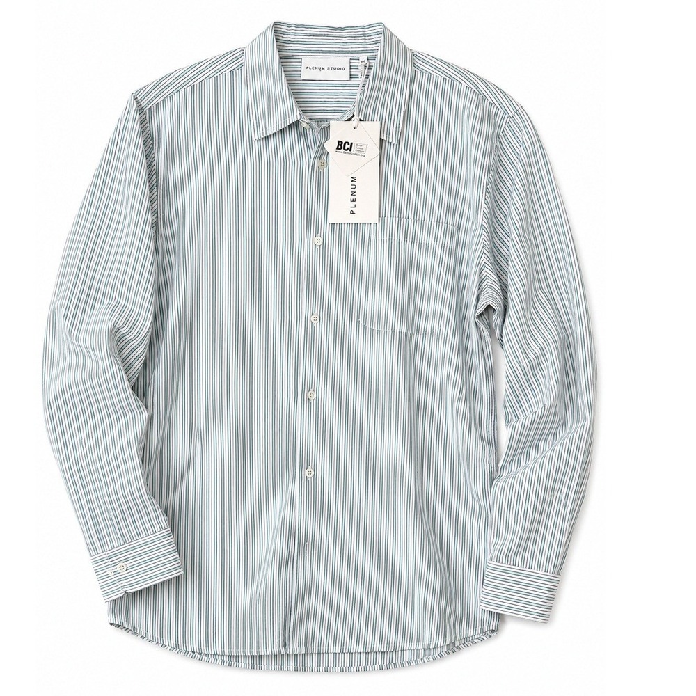 Plenum Studio Mens XL Relaxed Casual Shirt Blue White Stripe BCI Cotton NWT